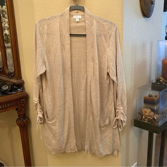 J. JILL Women Light Beige 100% Linen Longline Open Cardigan Size Medium Petite - Picture 1 of 8